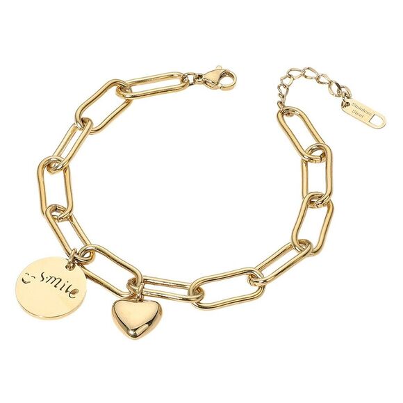 Smiley Face Heart Charm Paperclip Chain Bracelet Stainless Steel Women Gift - Picture 1 of 2